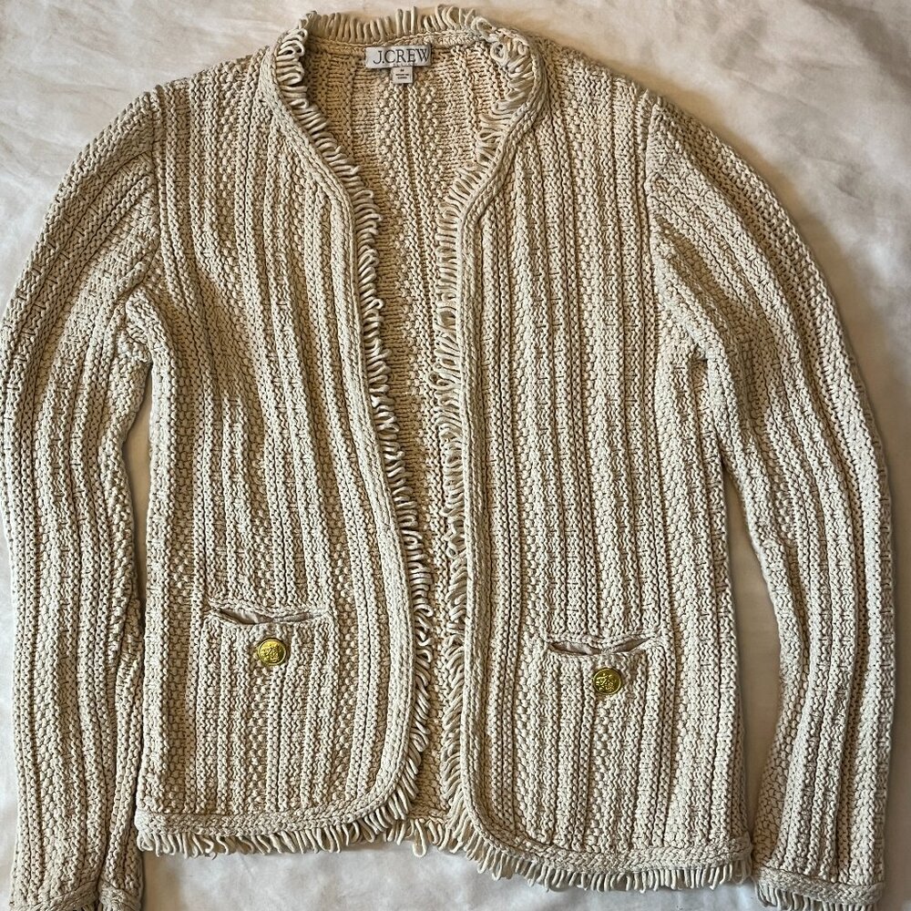 J. Crew, cream,  cable knit cardigan, looped yarn details, gold buttons